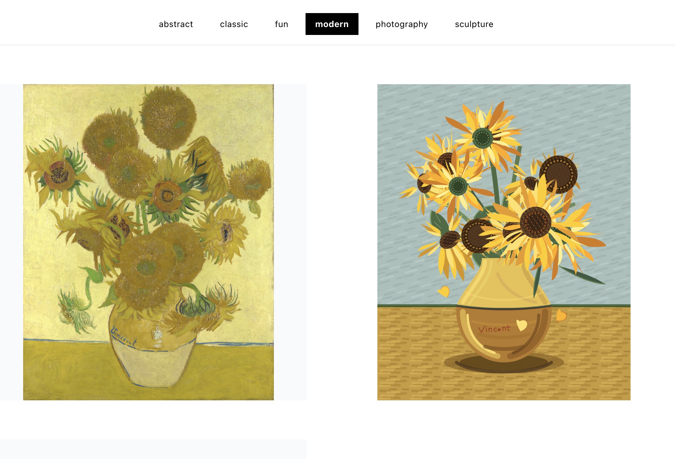 Side-by-side comparison of Van Gogh's Sunflowers painting and a Gemini-generated SVG version