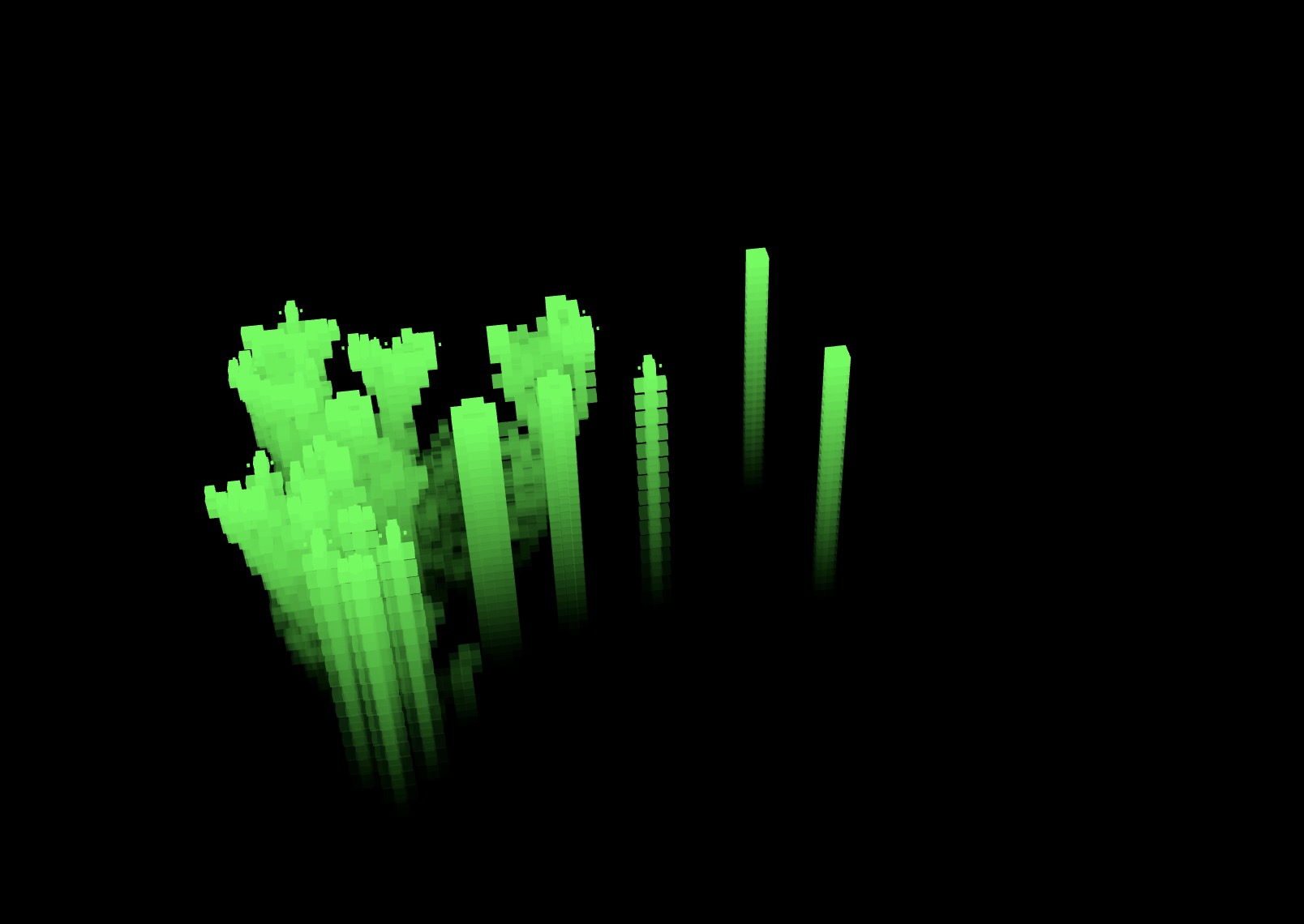 Screenshot of the Game of Life and Ghosts showing glowing 3D cubes